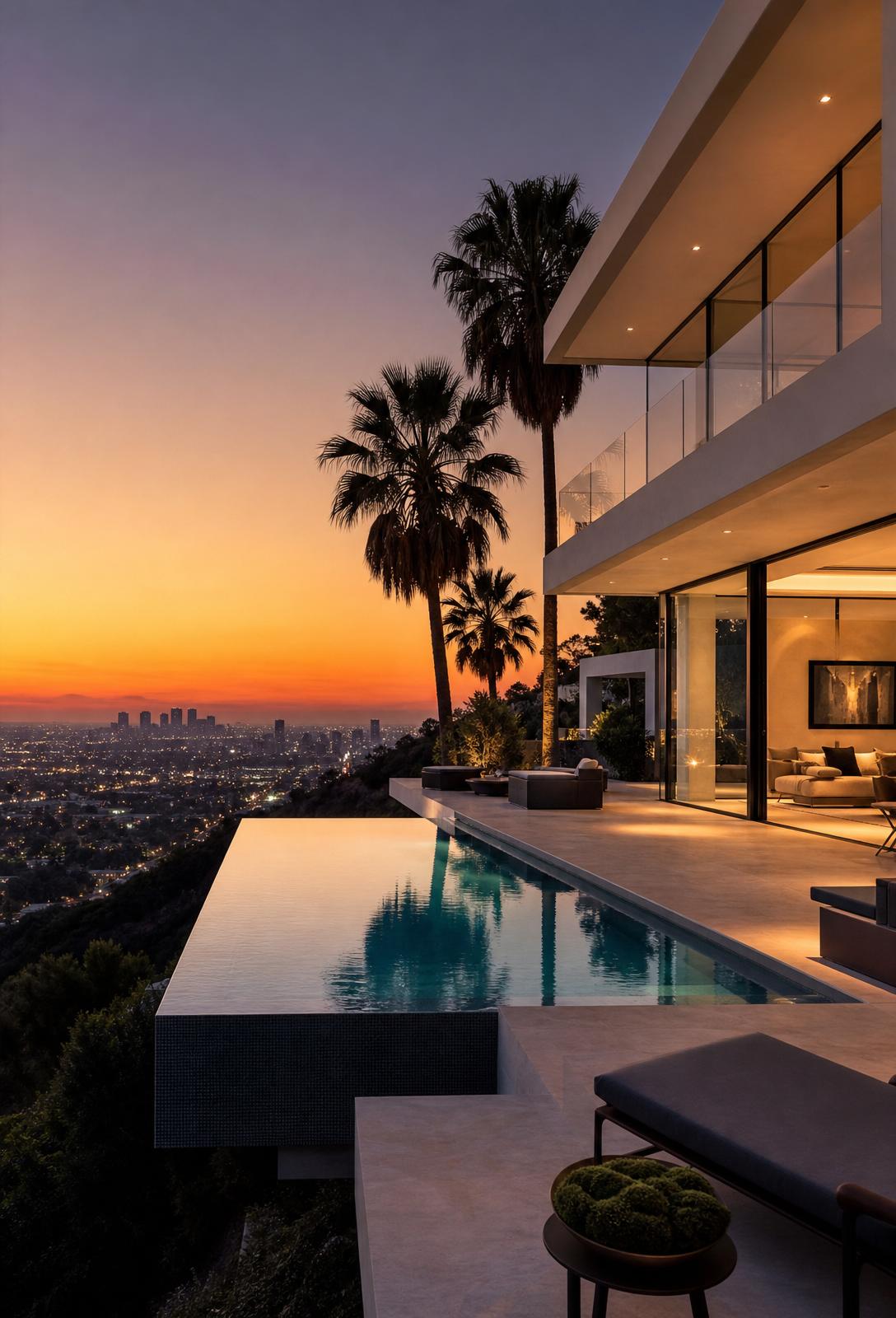 A modern Beverly Hills villa with an infinity pool and city lights at dusk