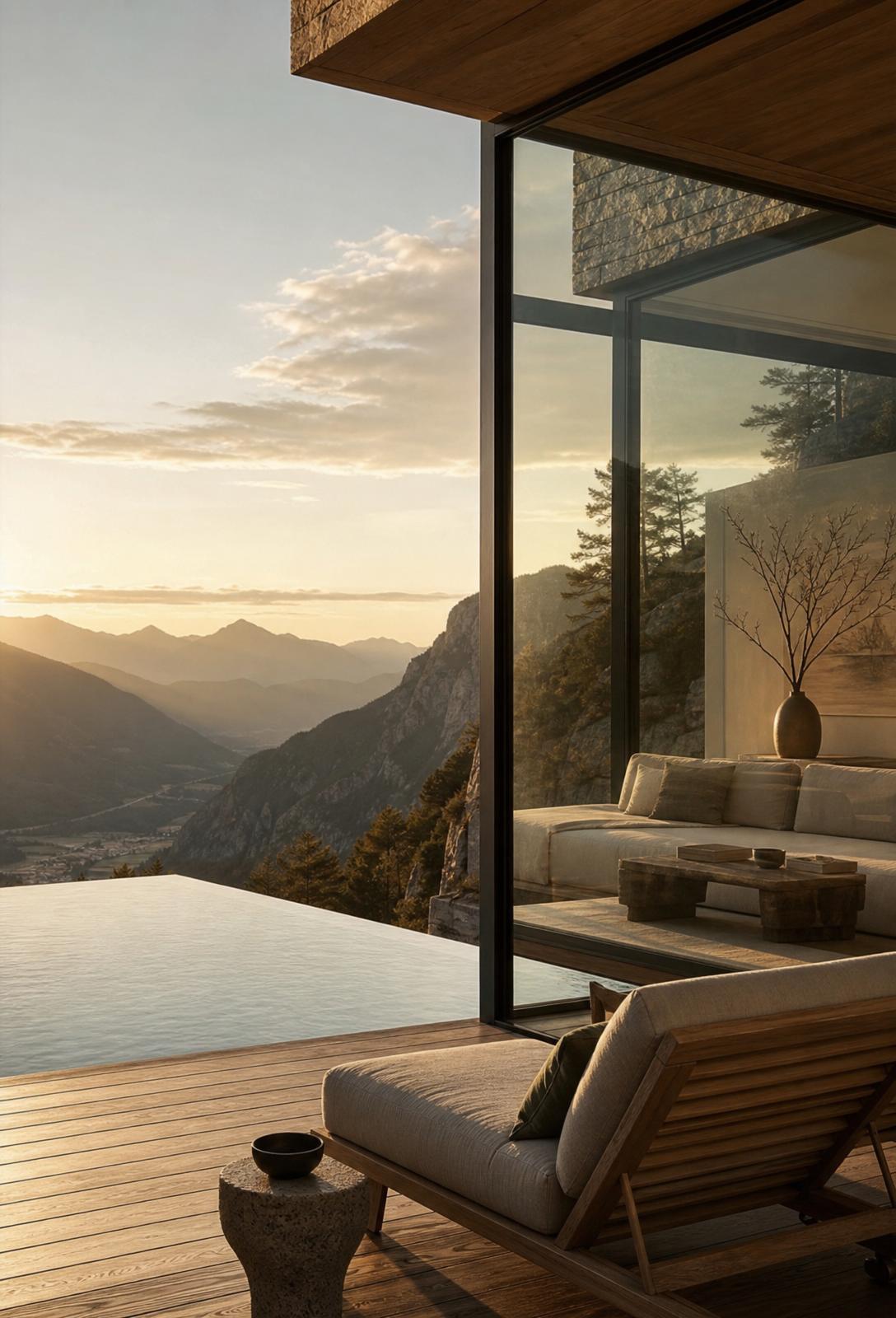 A designer cliff cabin with floor-to-ceiling glass and an infinity pool overlooking a mountain valley