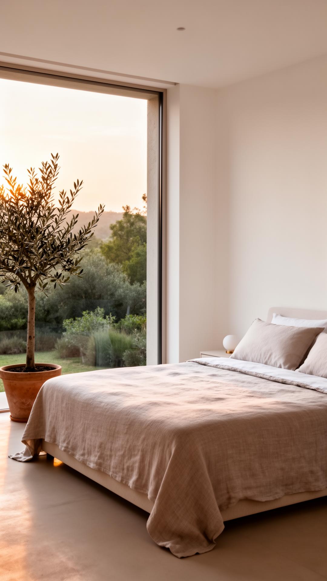 A sunlit bedroom opening onto an olive grove at dawn